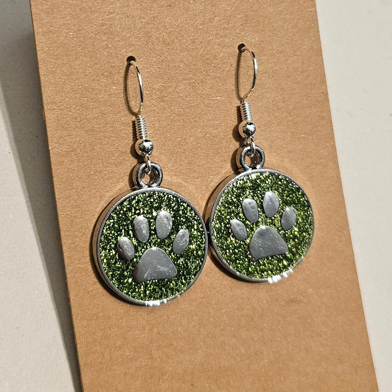Spring Green Glitter and Silvery Paw Earrings