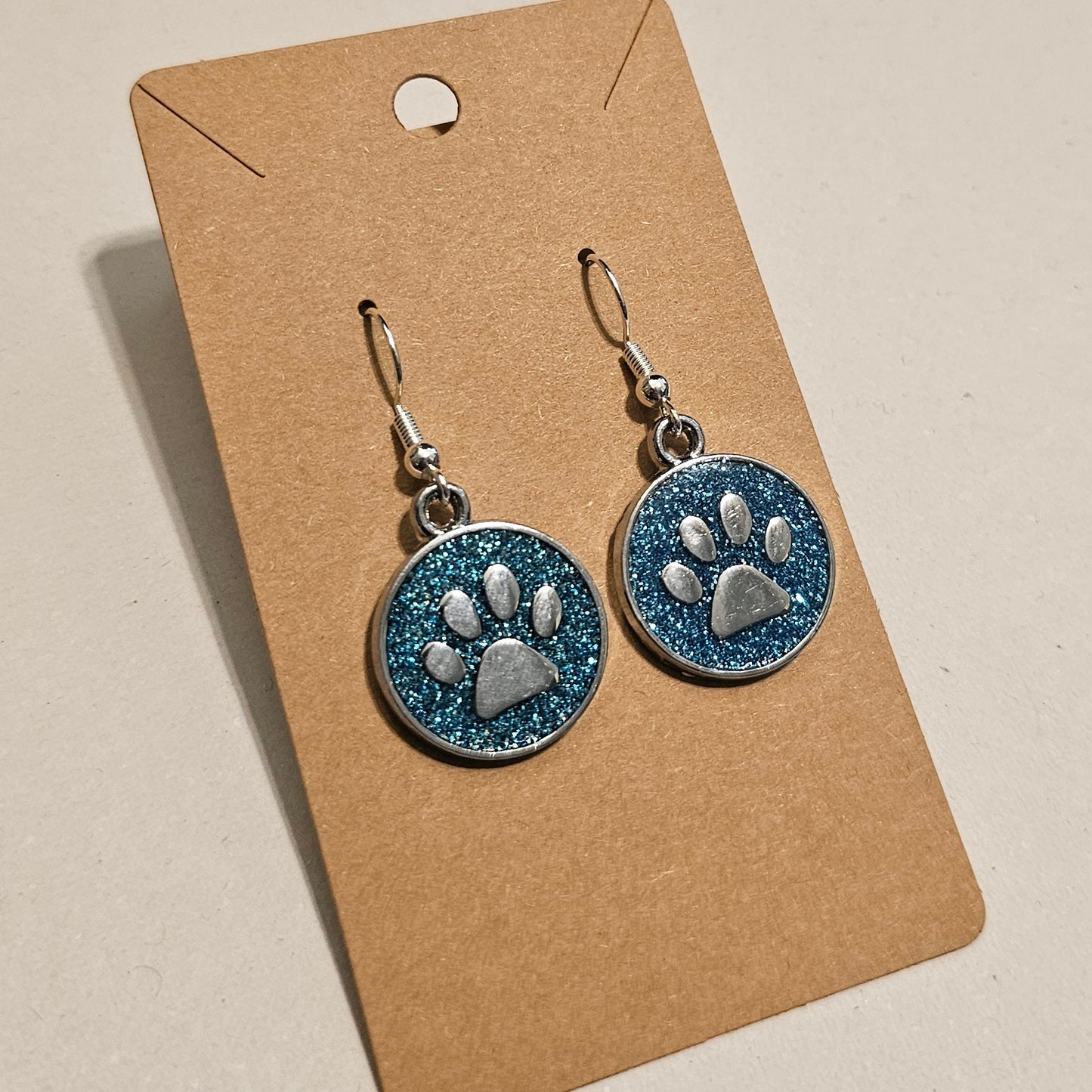 Ocean Blue Glitter and Silvery Paw Earrings
