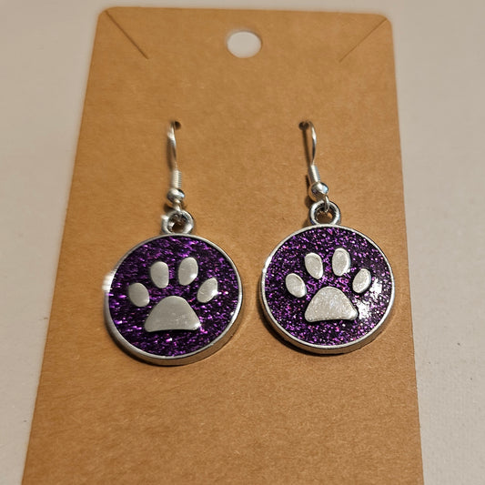 Purple Glitter and Silvery Paw Earrings