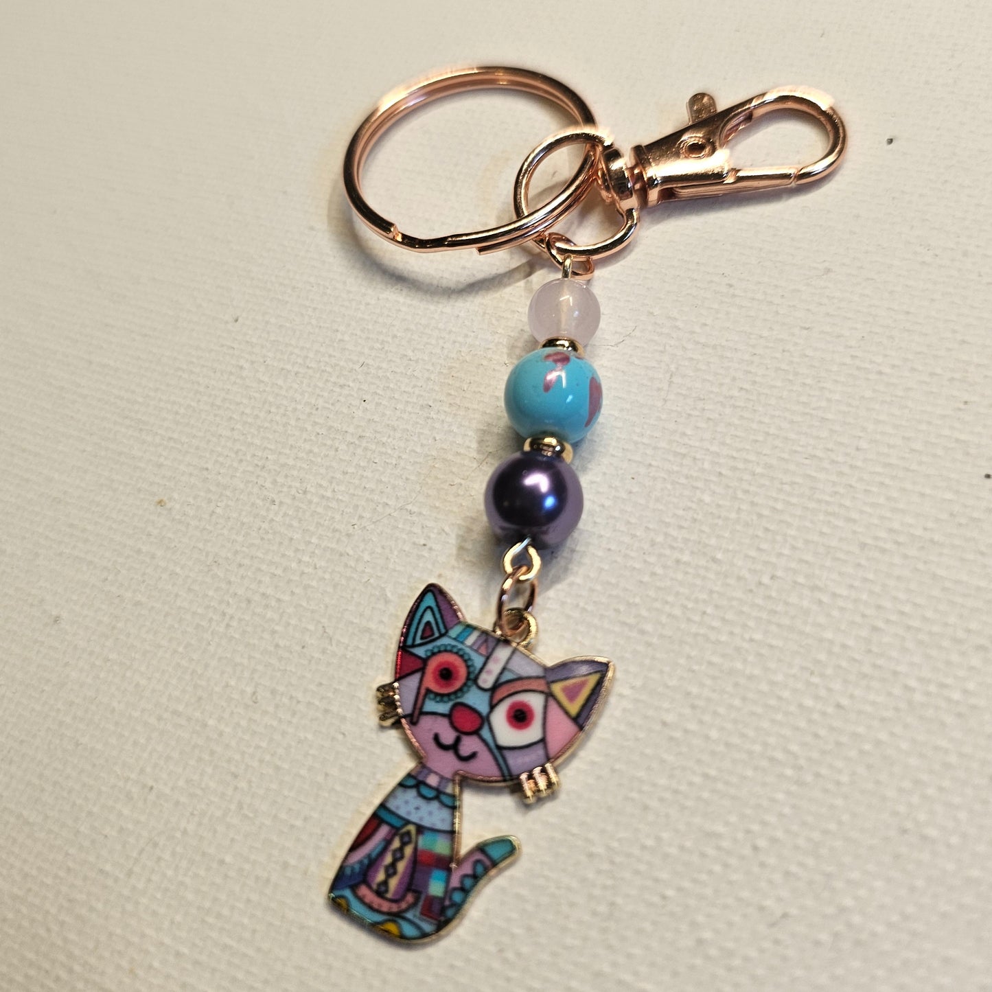 Lavender and Turquoise Cubist Cat Keychain