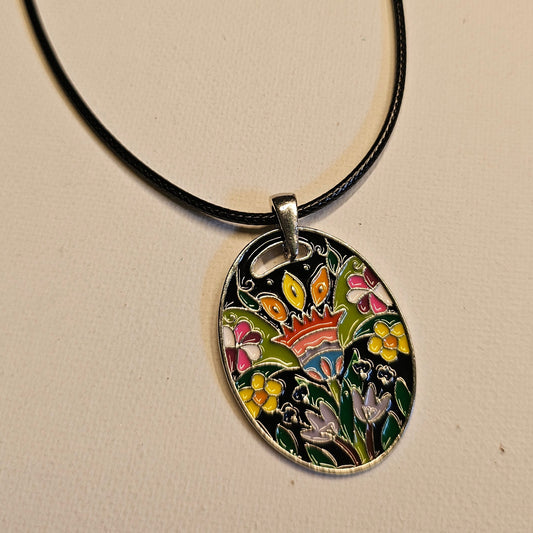 Flowery Enamel Mosaic Pendant Necklace