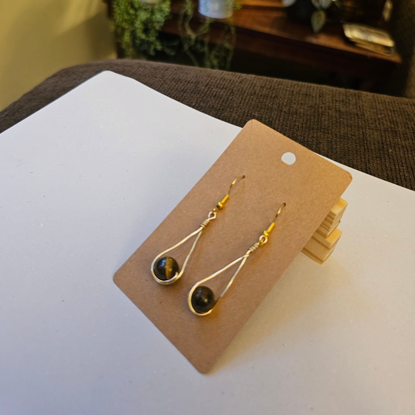 Wire-Wrapped Tiger Eye Teardrop Earrings