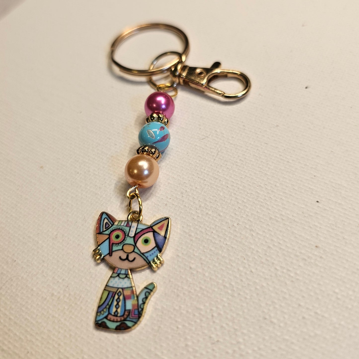 Turquoise Cubist Cat Keychain