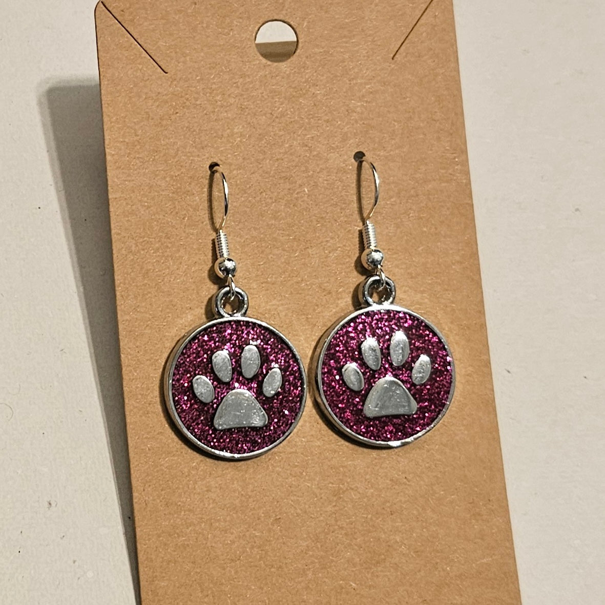Fuchia Glitter and Silvery Paw Earrings