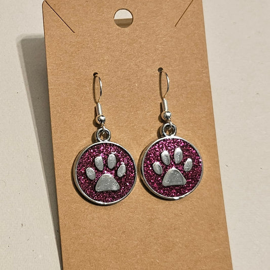 Fuchia Glitter and Silvery Paw Earrings