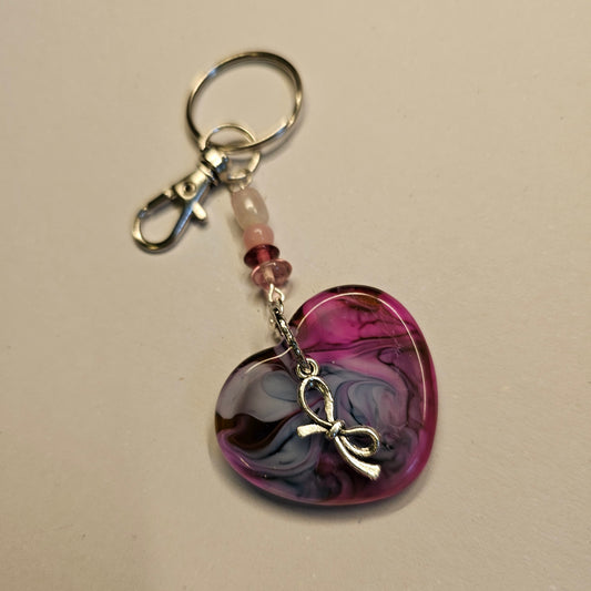 Magenta and Gray Resin Heart Keychain