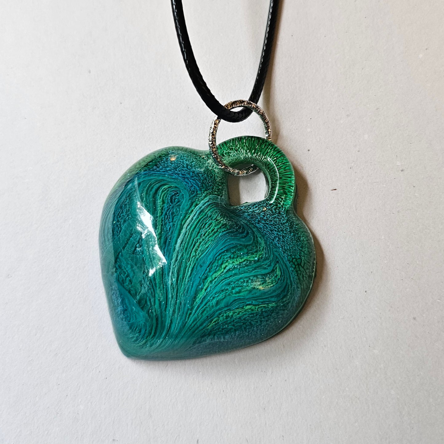 Peacock Blue and Green Resin Heart Necklace