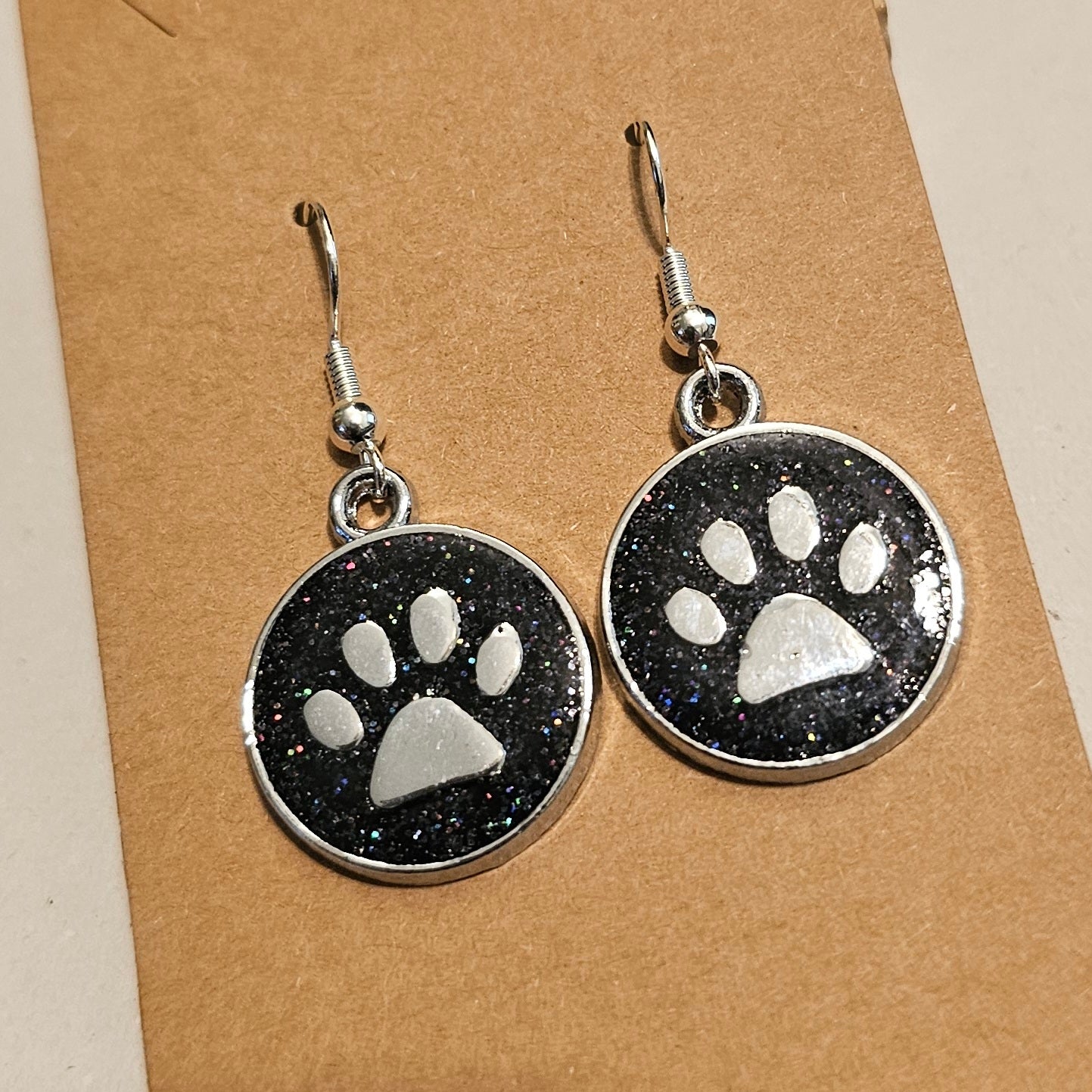 Black Glitter and Silvery Paw Earrings