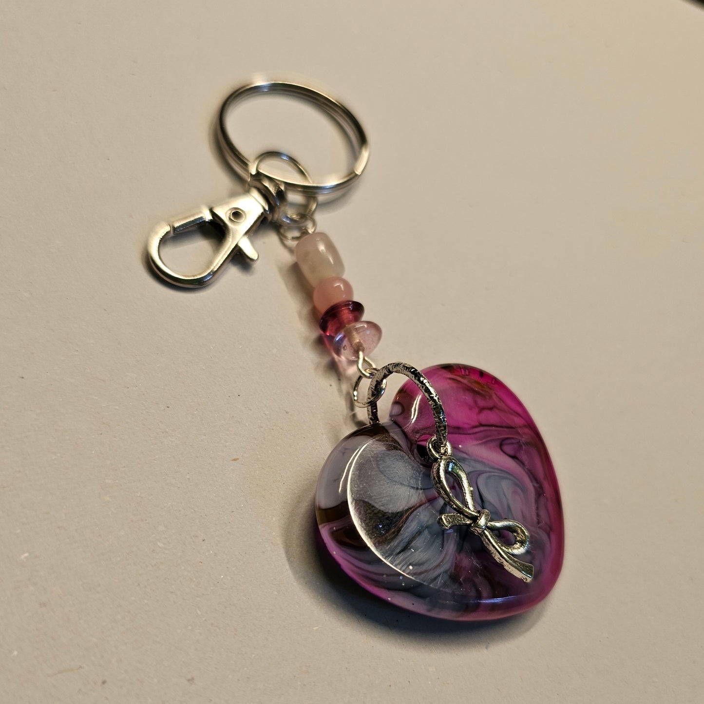 Magenta and Gray Resin Heart Keychain
