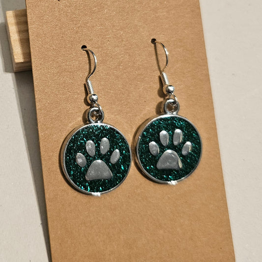 Green Glitter and Silvery Paw Earrings