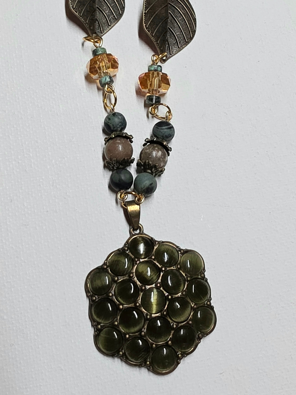 Fall Leaves and Green Honeycomb Pendant Necklace