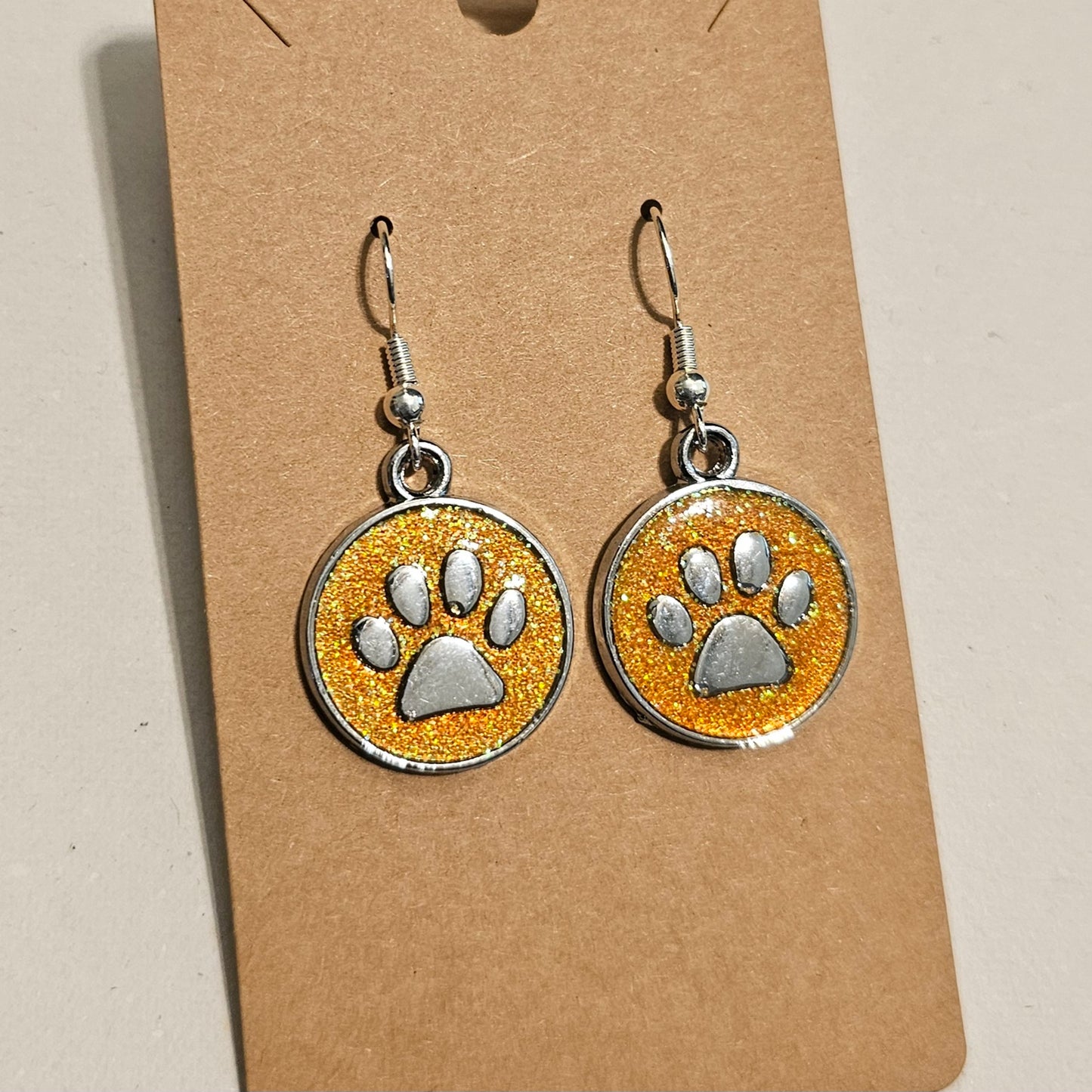Golden Yellow Glitter and Silvery Paw Earrings