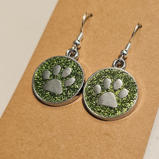 Spring Green Glitter and Silvery Paw Earrings