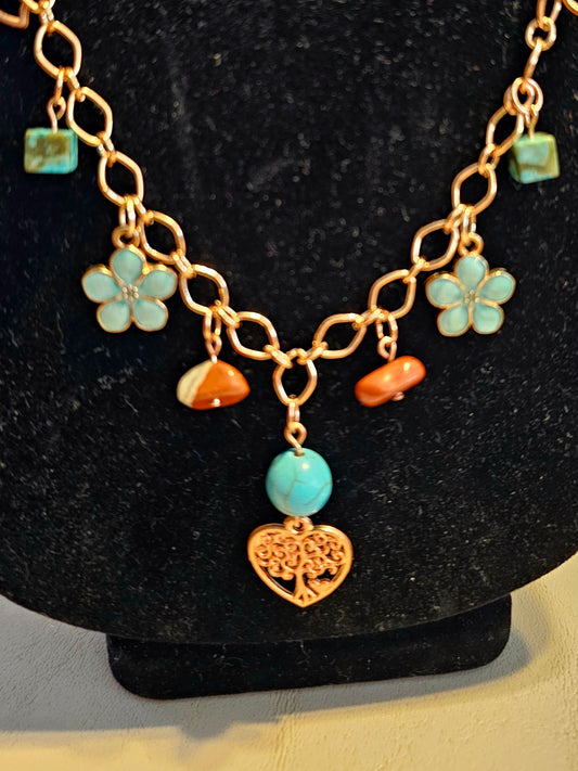 Boho Turquoise and Rose Gold Charm Necklace