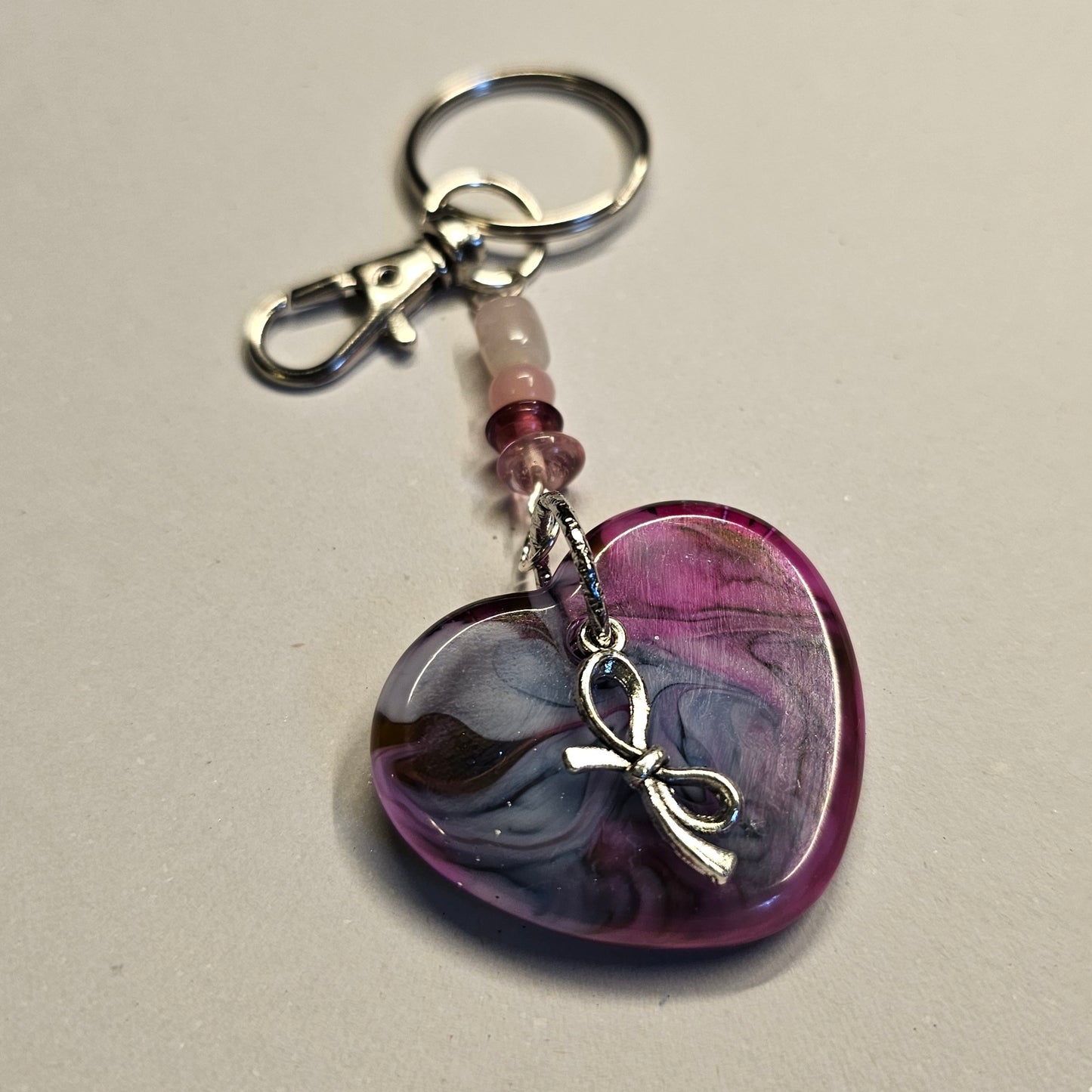 Magenta and Gray Resin Heart Keychain