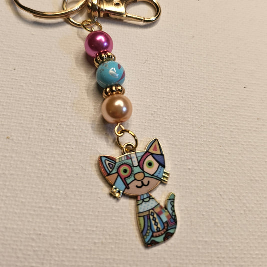 Turquoise Cubist Cat Keychain