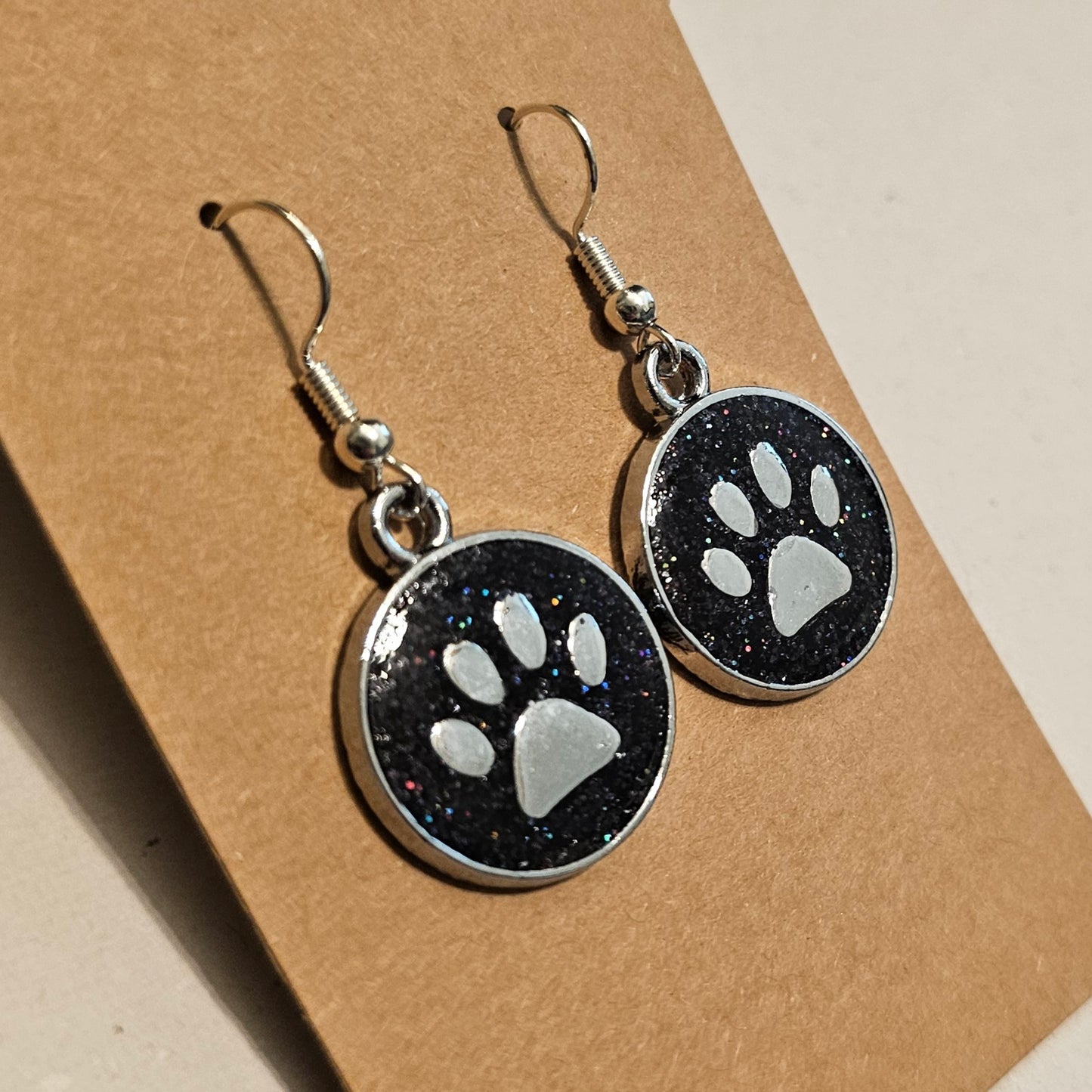 Black Glitter and Silvery Paw Earrings
