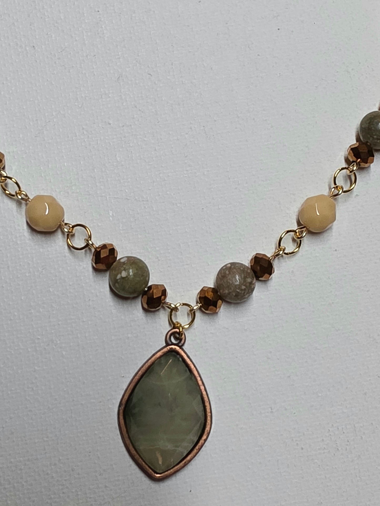 Sage Green, Cream, and Copper Pendant Necklace