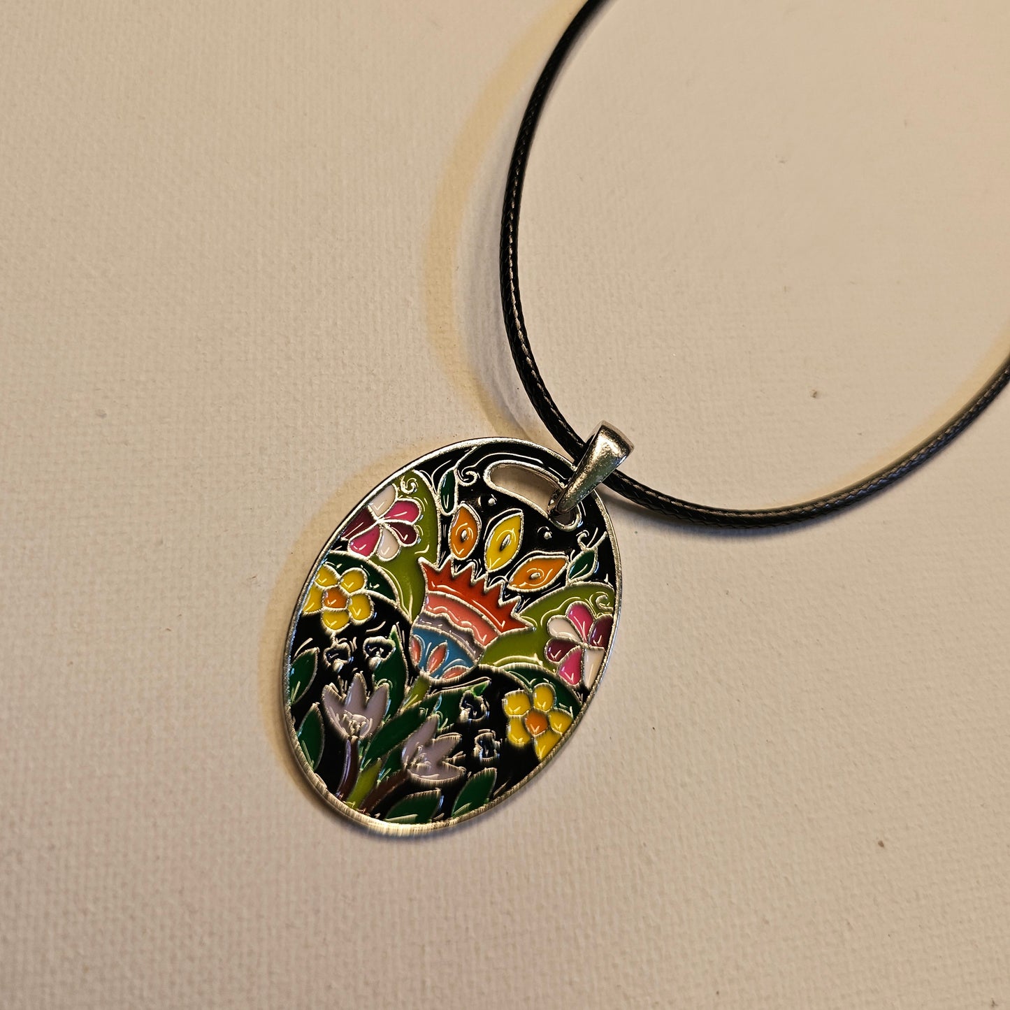 Flowery Enamel Mosaic Pendant Necklace