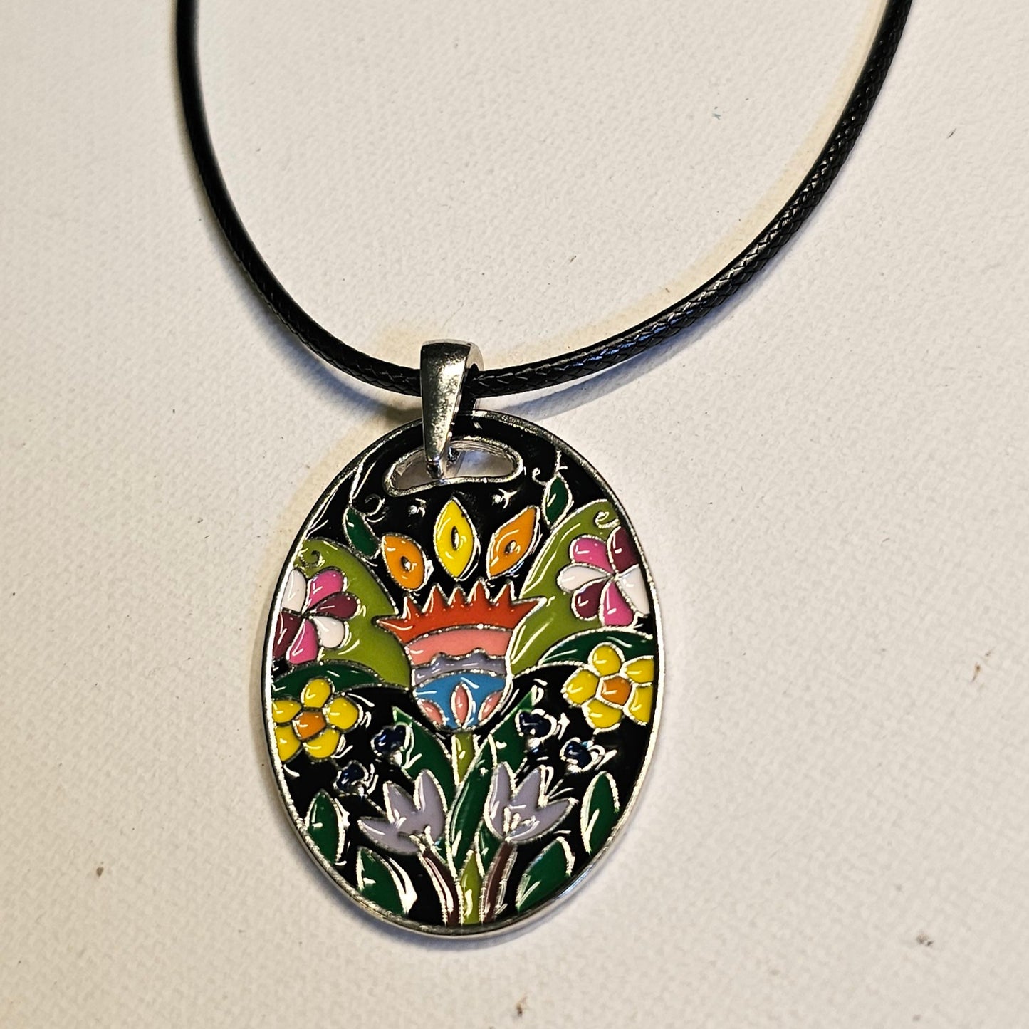 Flowery Enamel Mosaic Pendant Necklace