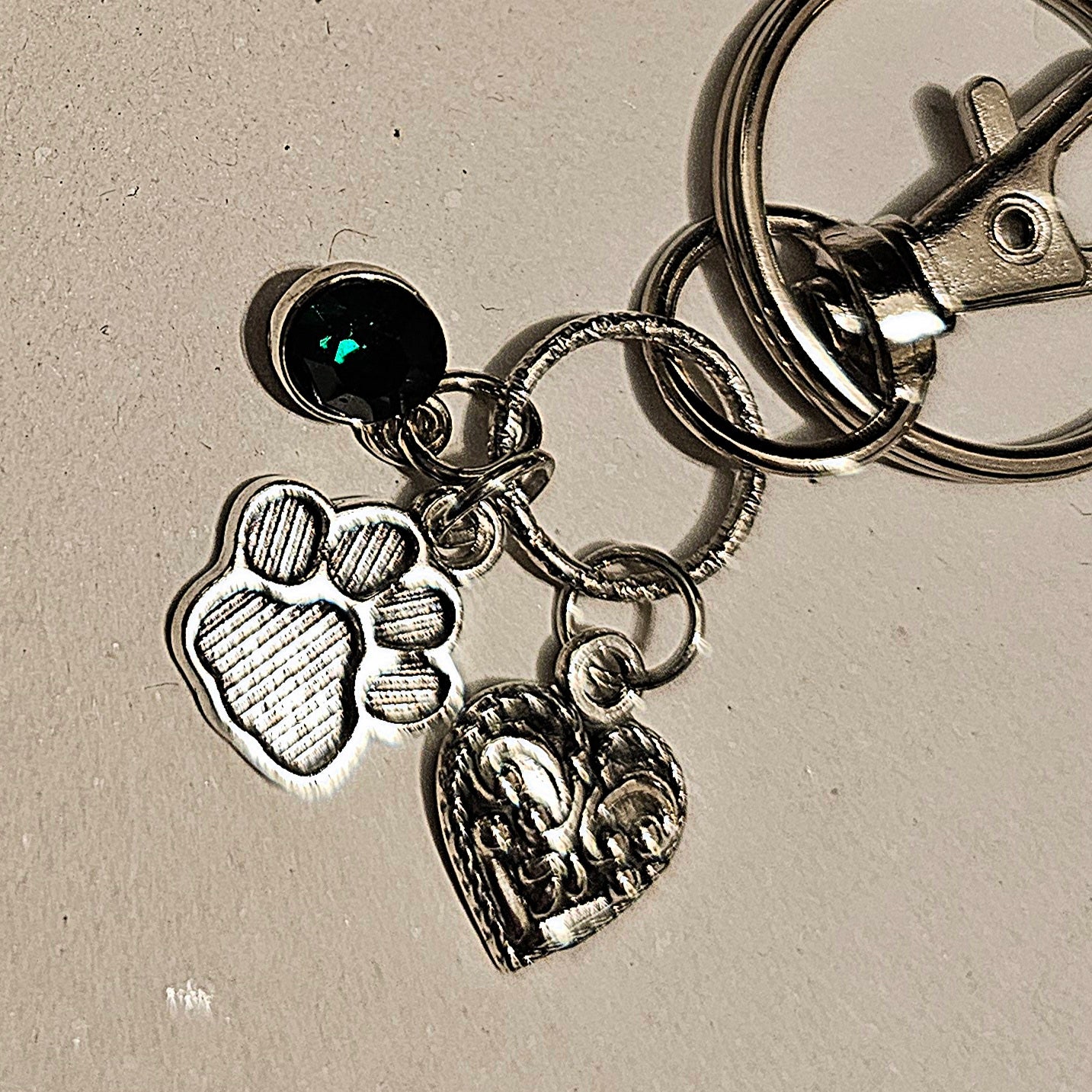 Green Jewel, Paw, and Heart Keychain
