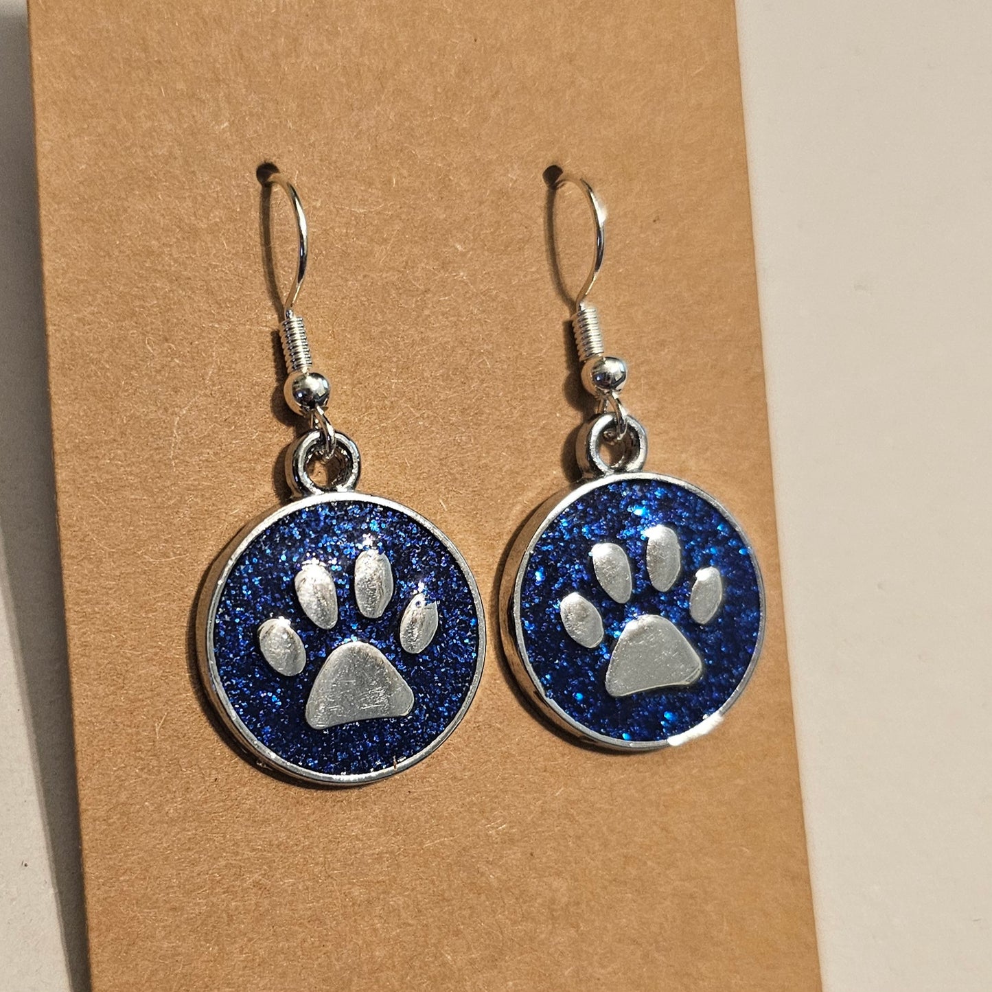 Royal Blue Glitter and Silvery Paw Earrings
