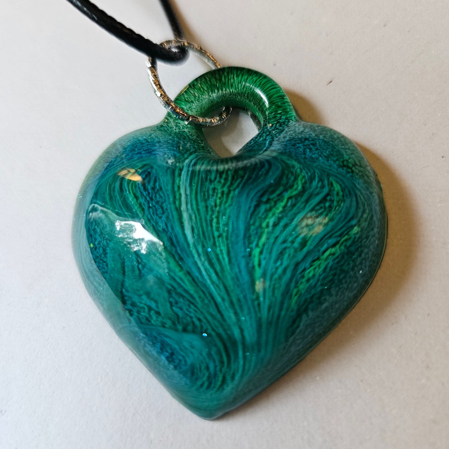Peacock Blue and Green Resin Heart Necklace