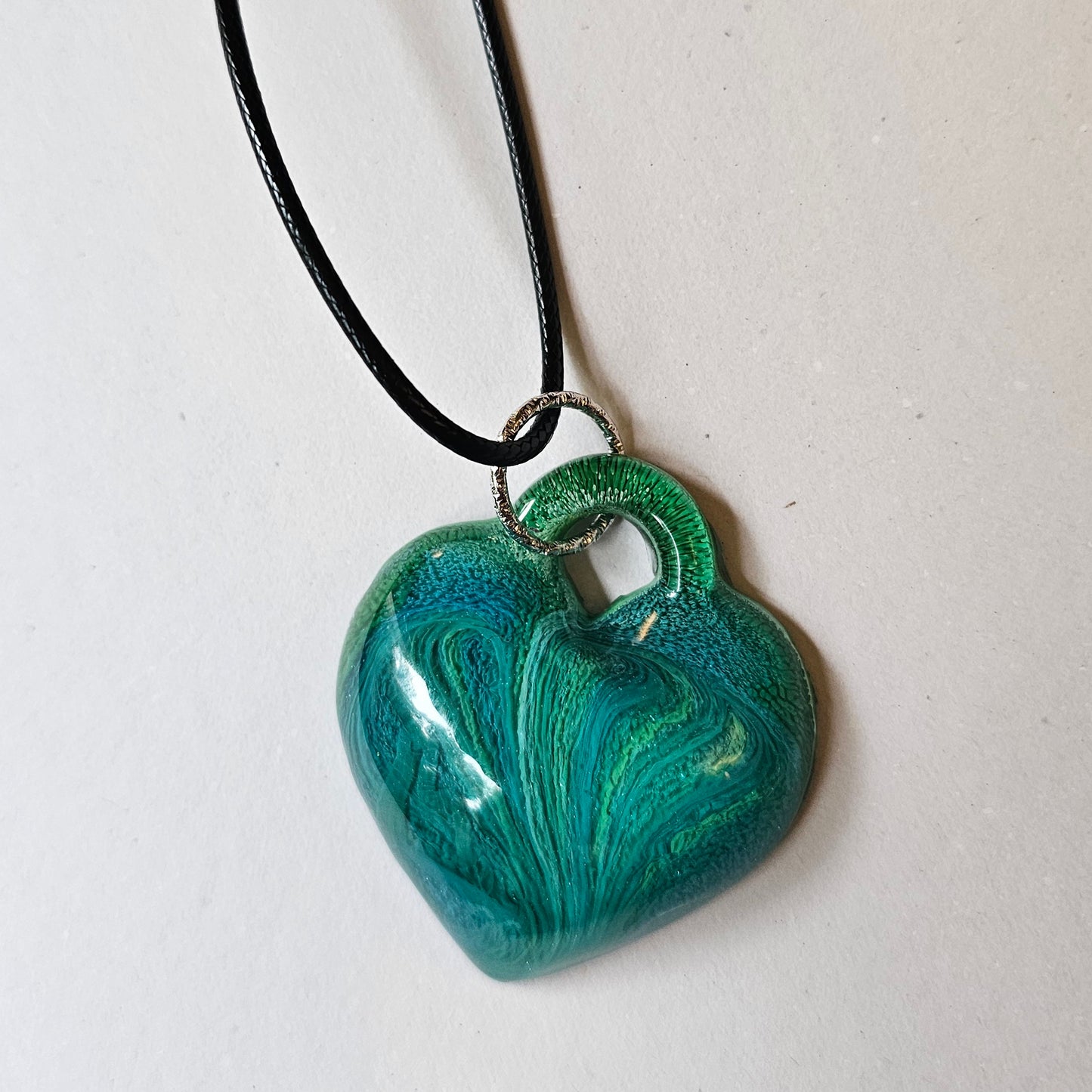 Peacock Blue and Green Resin Heart Necklace
