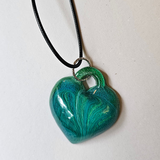 Peacock Blue and Green Resin Heart Necklace
