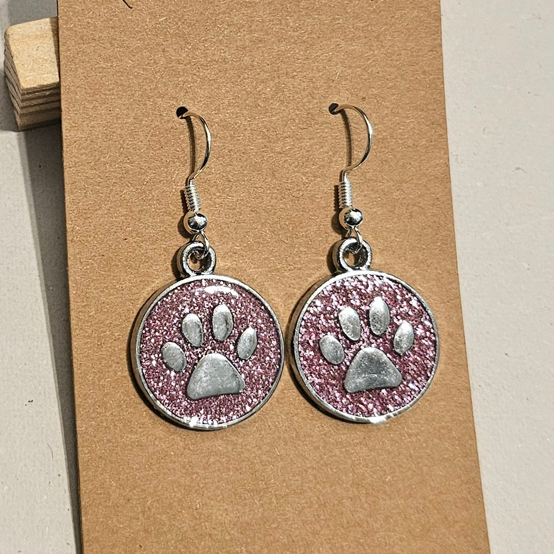 Pink Glitter and Silvery Paw Earrings