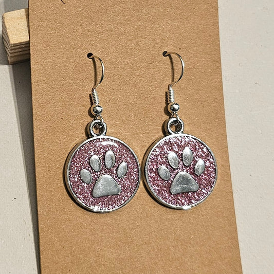 Pink Glitter and Silvery Paw Earrings