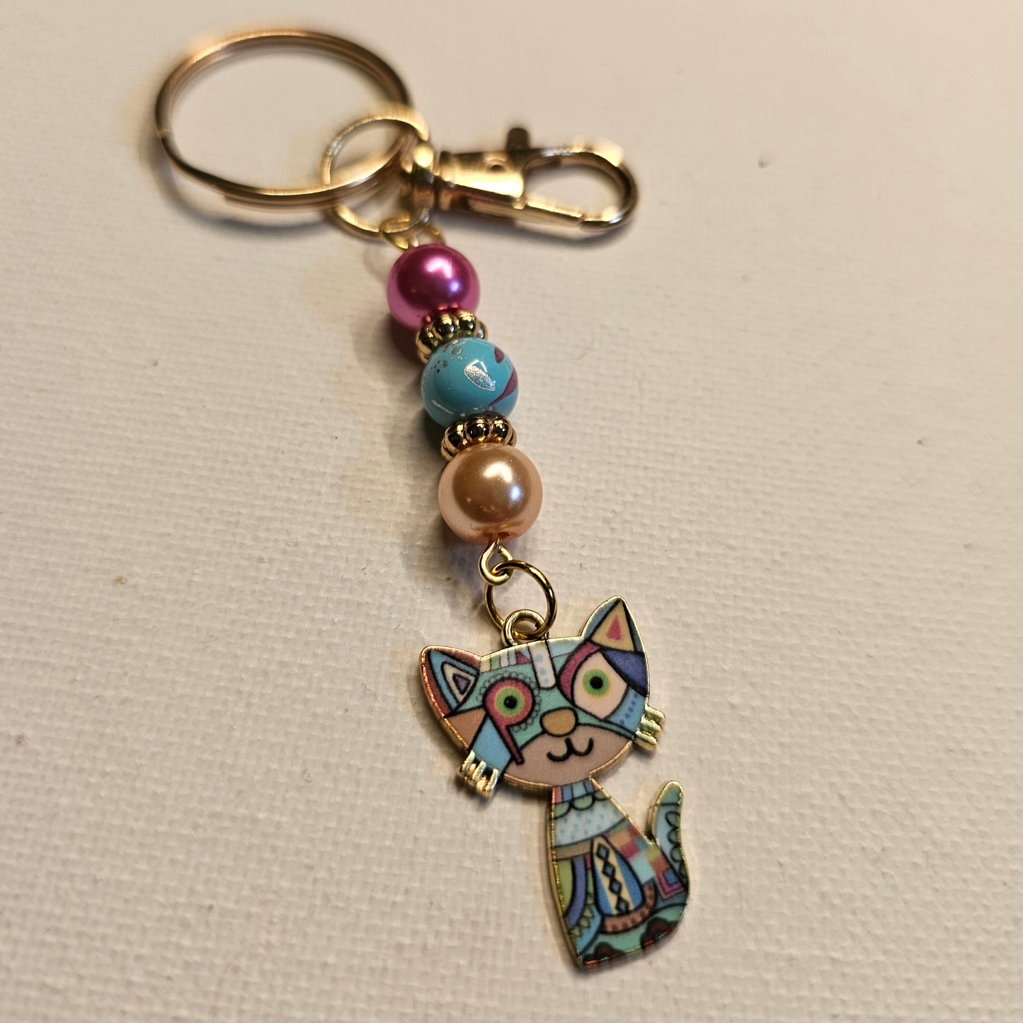 Turquoise Cubist Cat Keychain