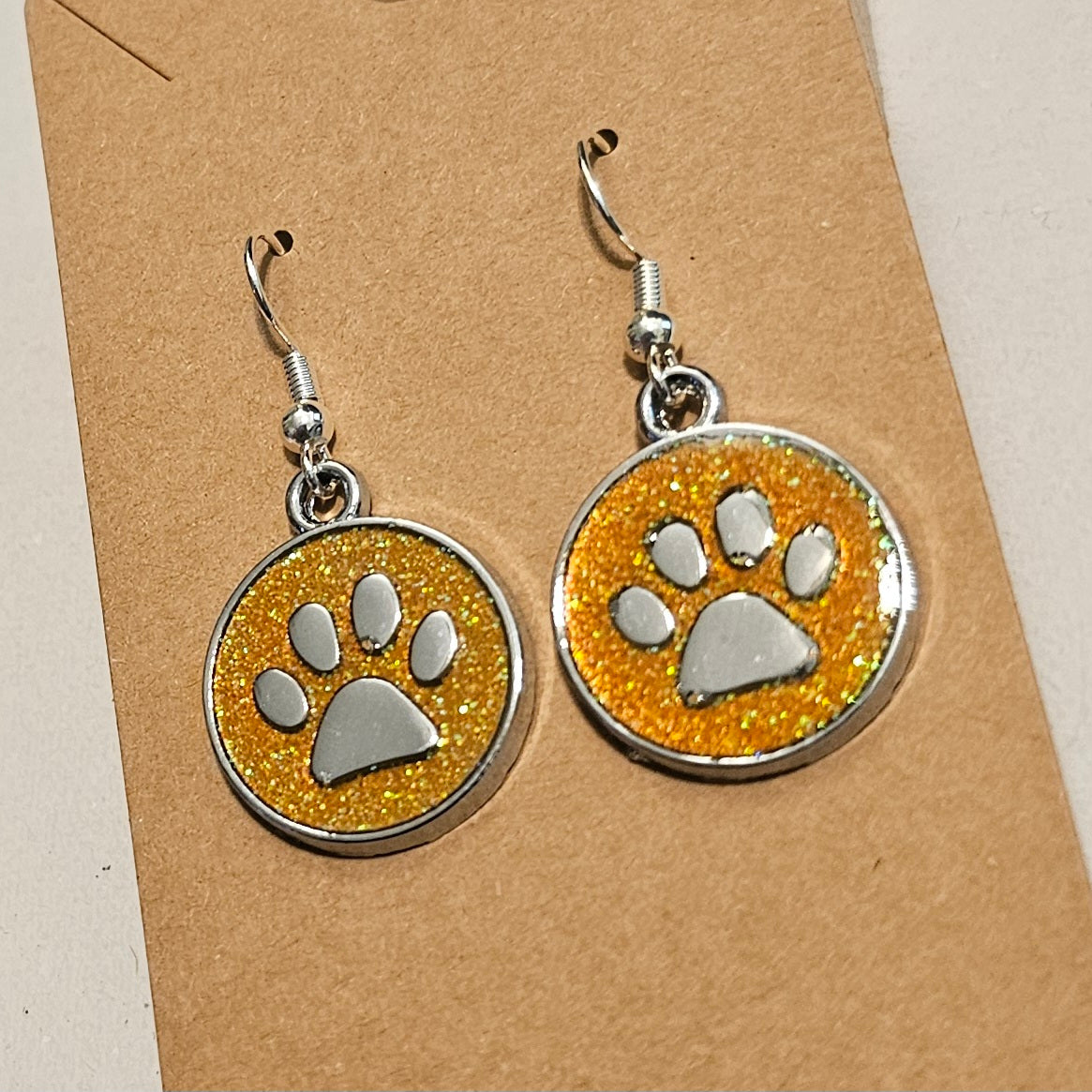Golden Yellow Glitter and Silvery Paw Earrings