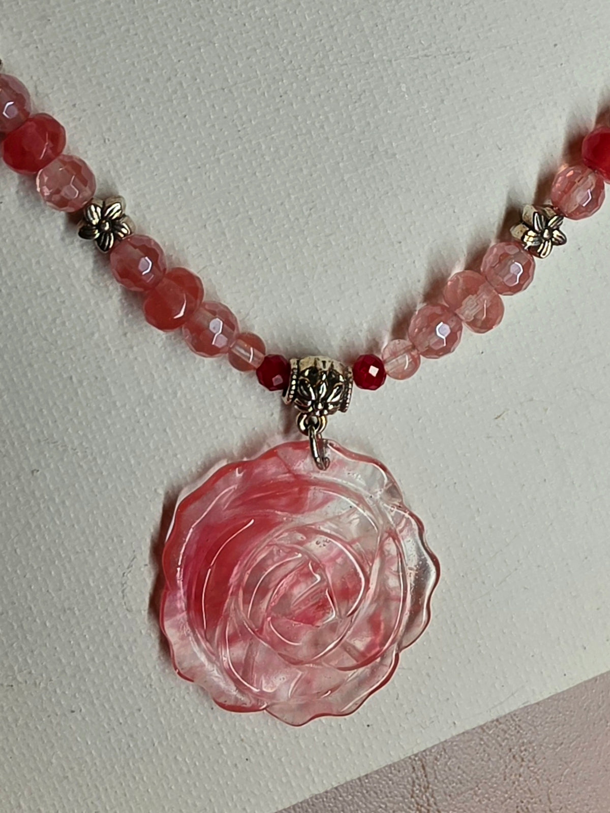 Cherry Quartz Rose Pendant Necklace