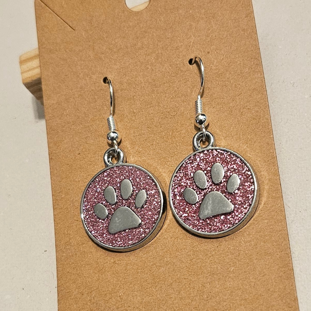Pink Glitter and Silvery Paw Earrings