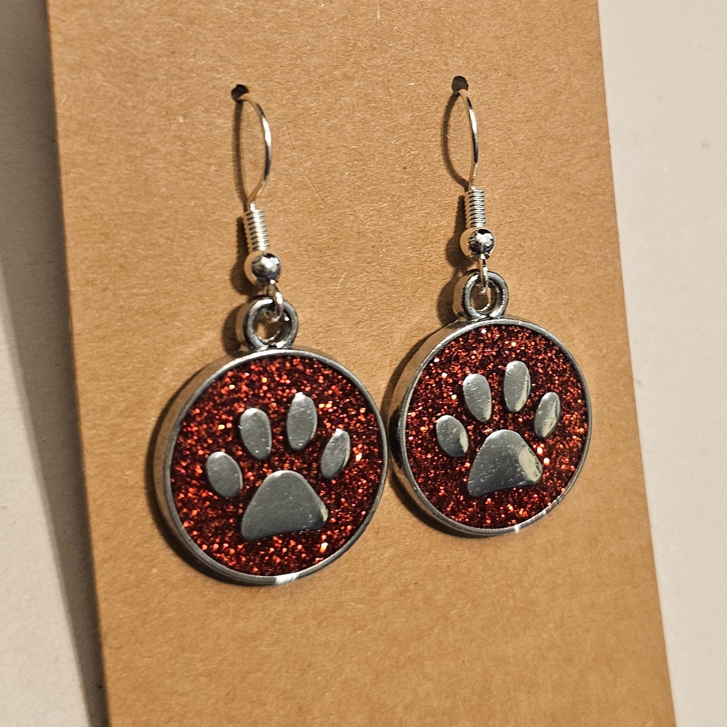 Red Glitter and Silvery Paw Earrings