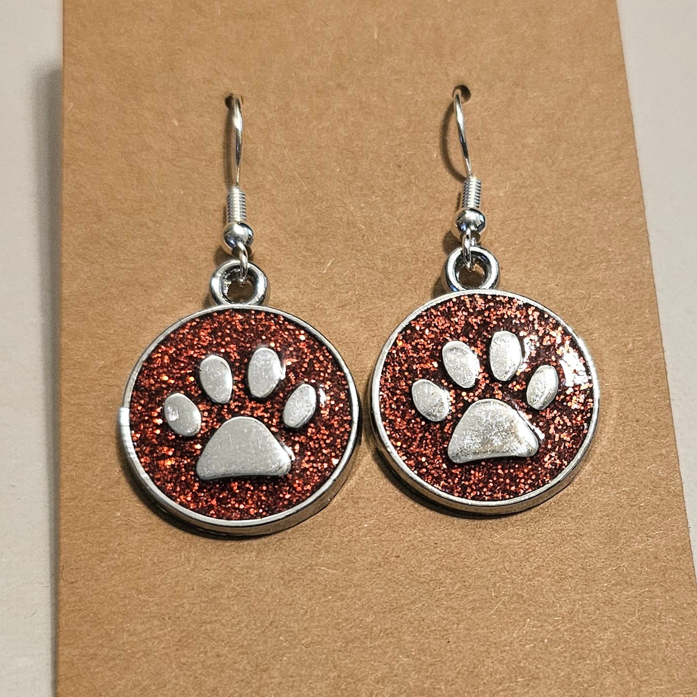 Red Glitter and Silvery Paw Earrings