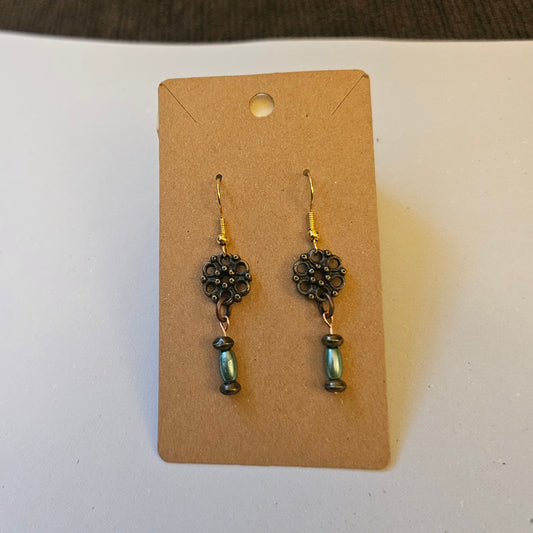Victorian Style Mixed Metal and Teal Green Earrings