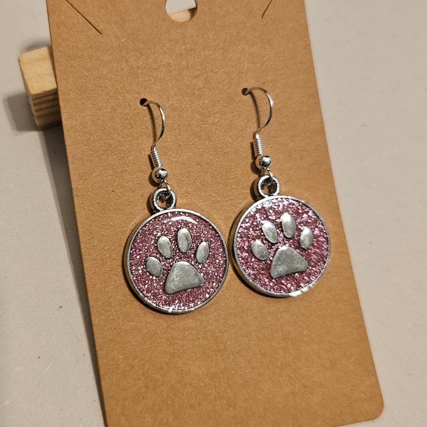 Pink Glitter and Silvery Paw Earrings