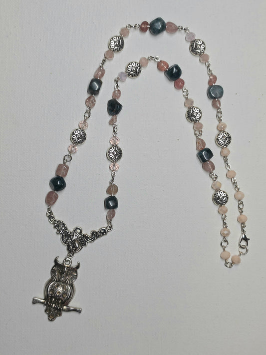 Apatite and Strawberry Quartz Beaded link and Owl Pendant Necklace