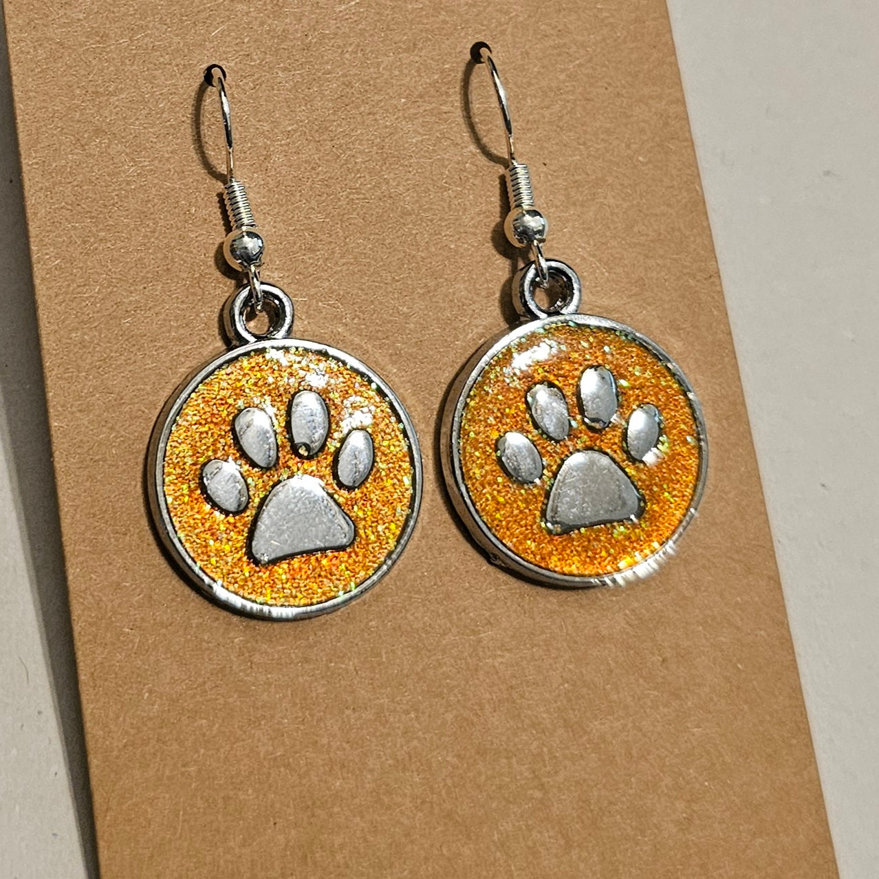 Golden Yellow Glitter and Silvery Paw Earrings