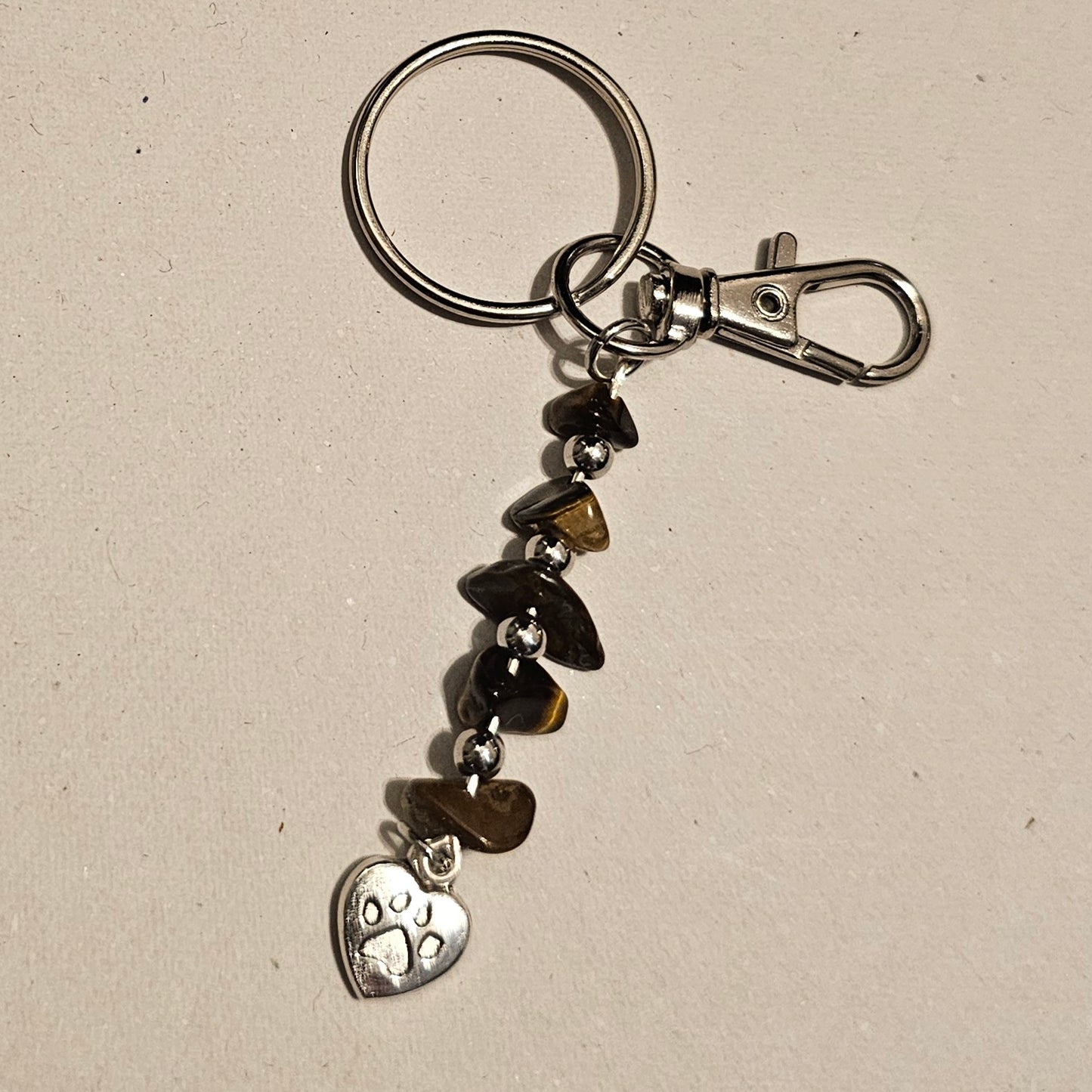 Tigers Eye Stone Chip Dog Paw Keychain