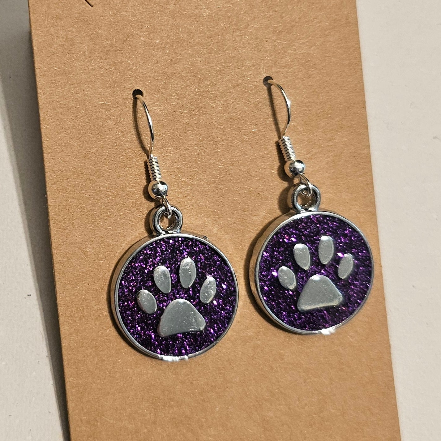 Purple Glitter and Silvery Paw Earrings
