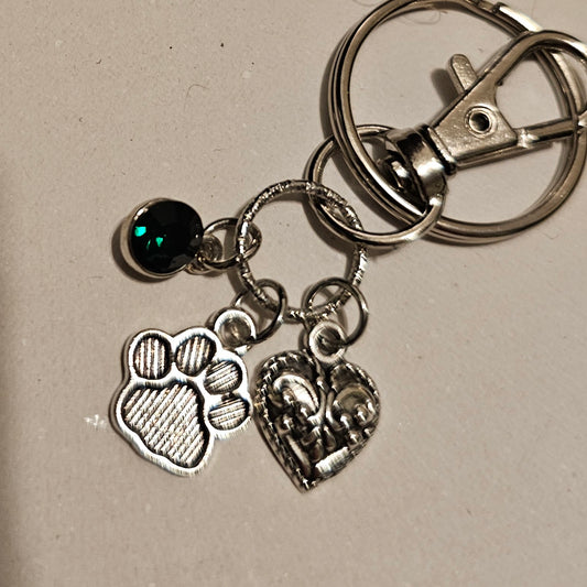 Green Jewel, Paw, and Heart Keychain
