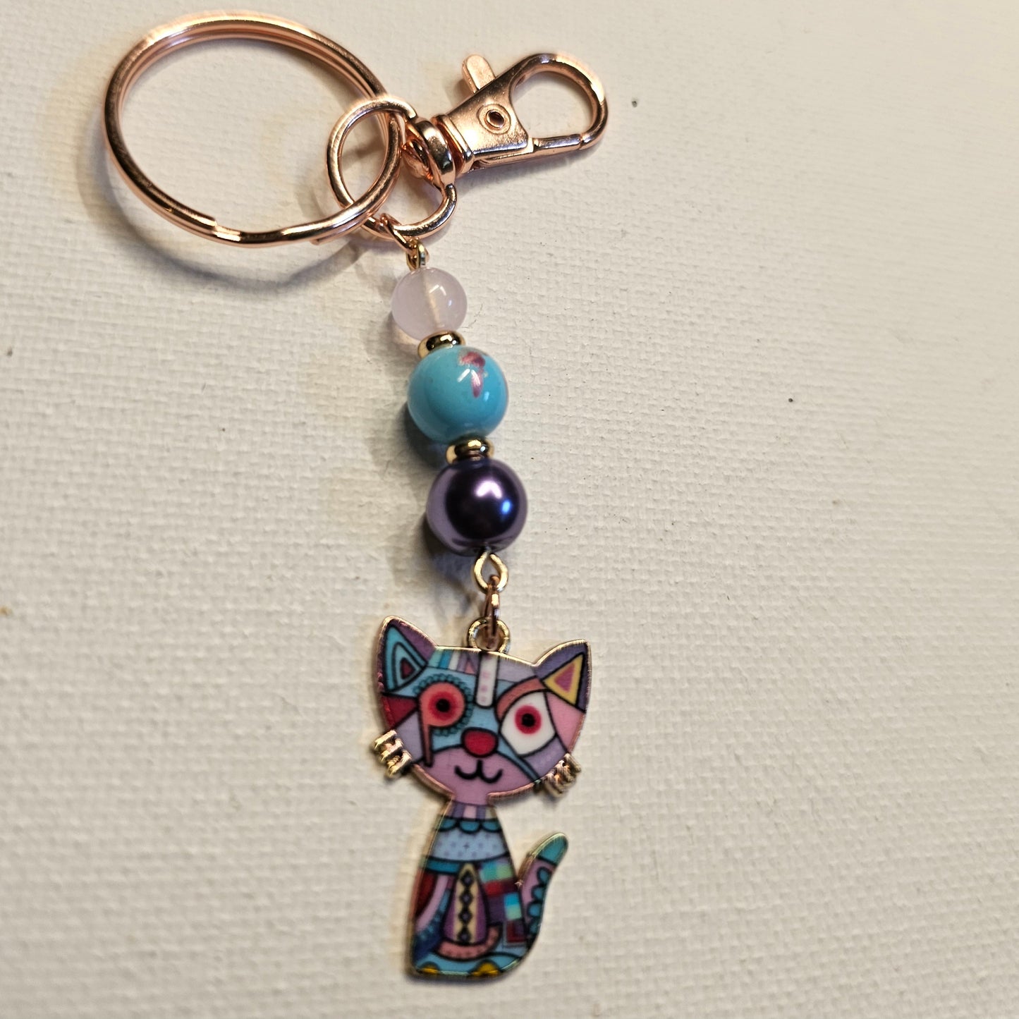 Lavender and Turquoise Cubist Cat Keychain