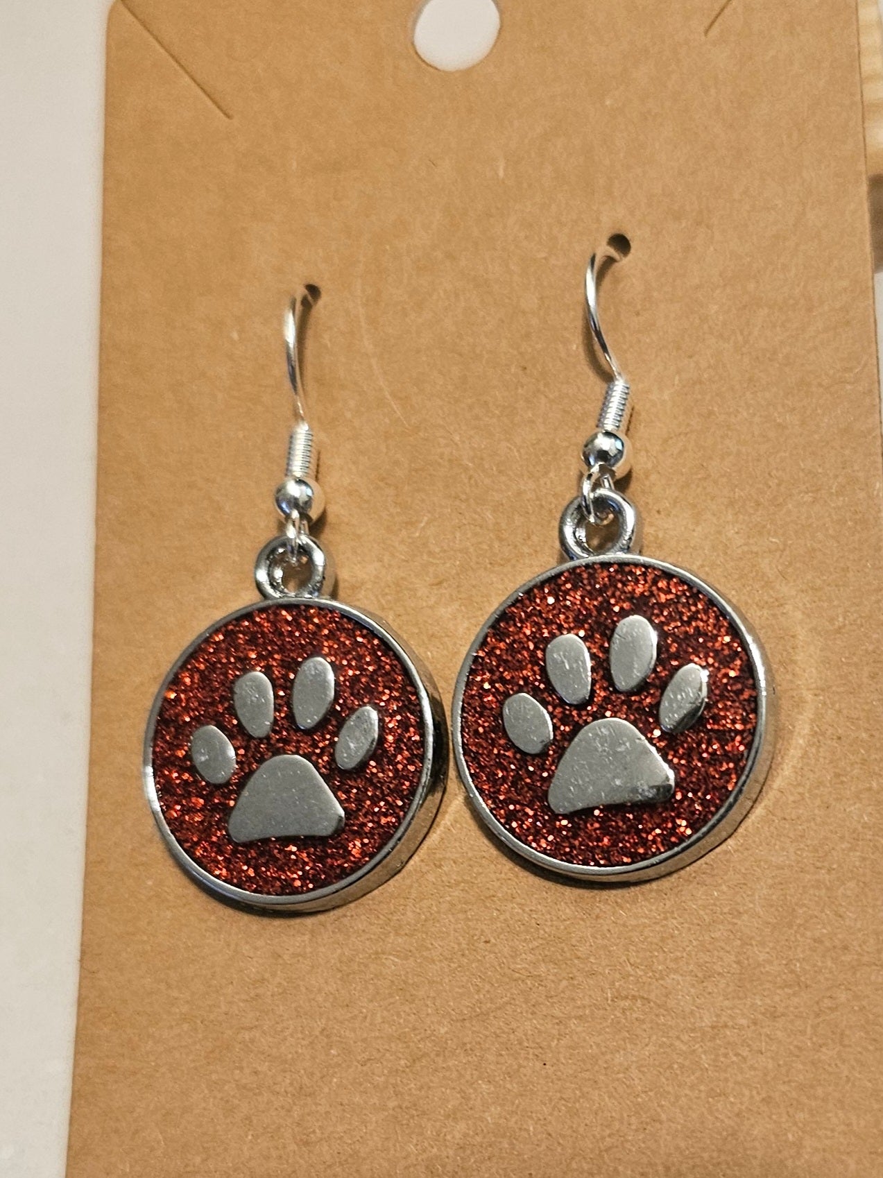Red Glitter and Silvery Paw Earrings