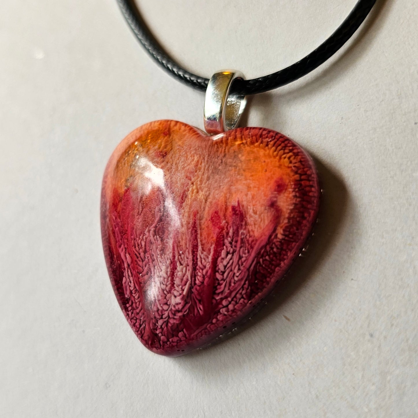 Fiery Red and Orange Resin Heart Necklace