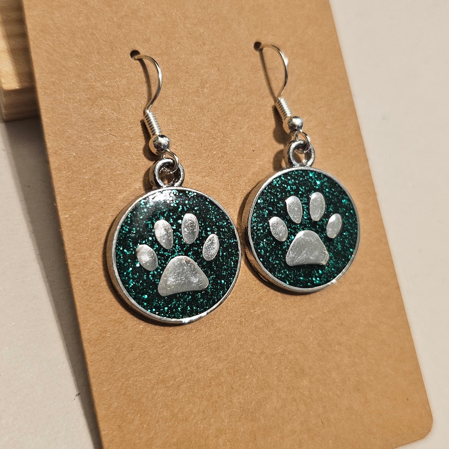 Green Glitter and Silvery Paw Earrings