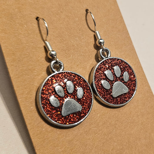 Red Glitter and Silvery Paw Earrings