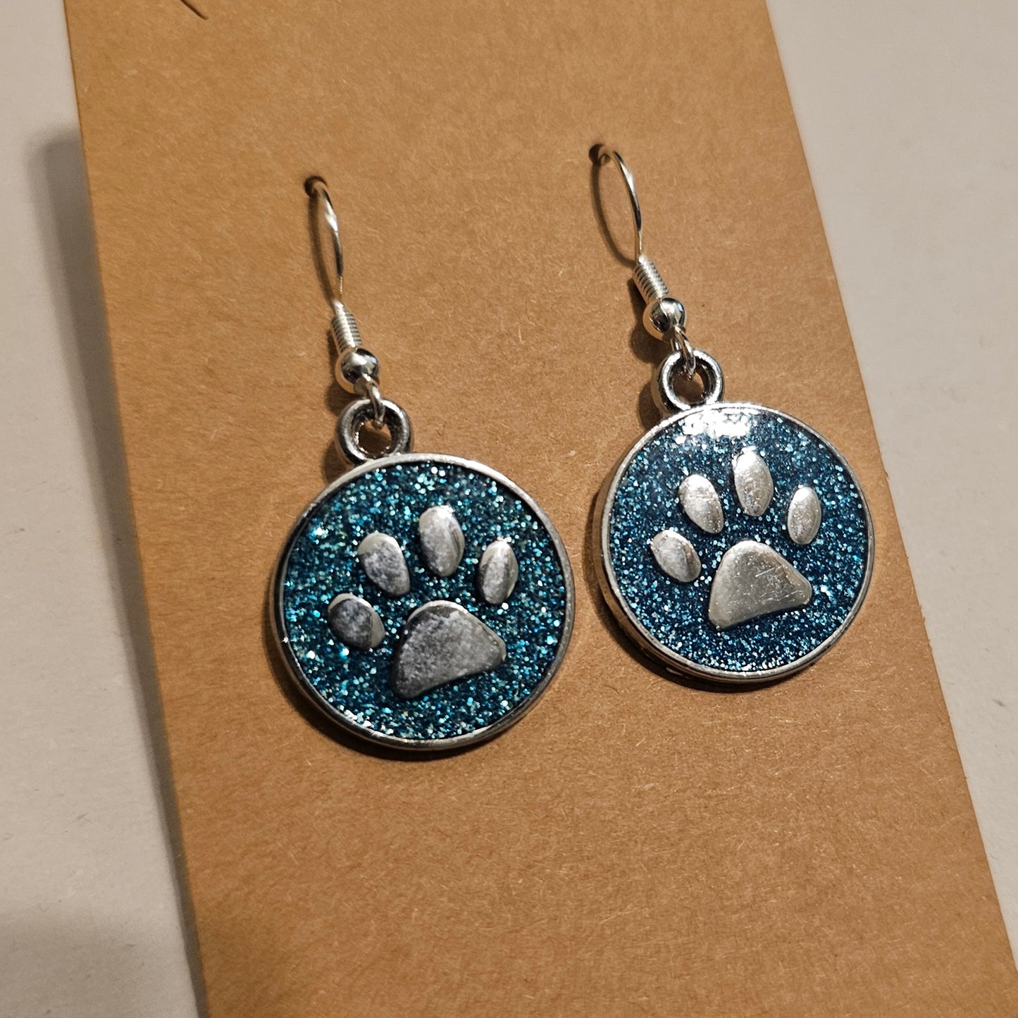 Ocean Blue Glitter and Silvery Paw Earrings